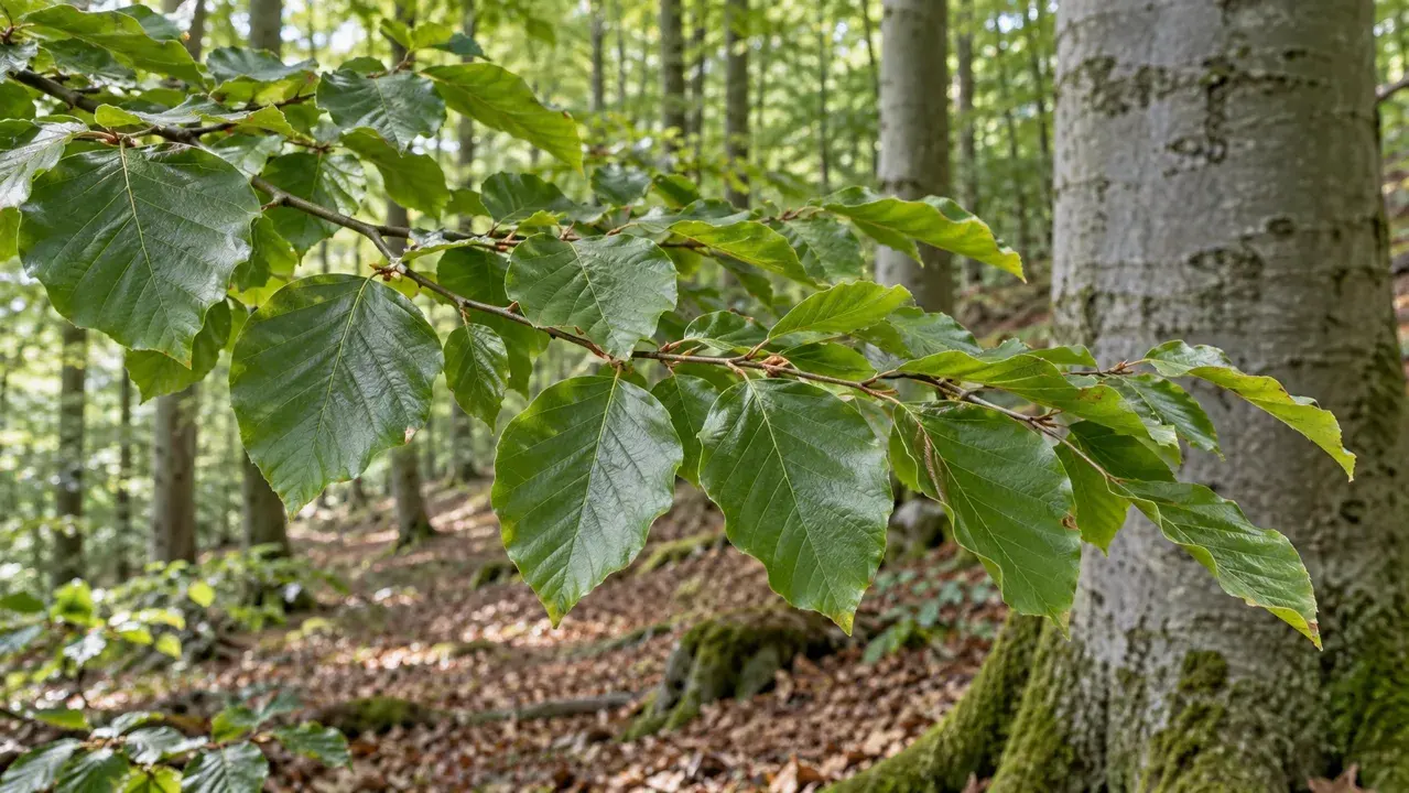 Illustrative Nahaufnahme grüner Buchenblätter an einem Zweig im Laubwald